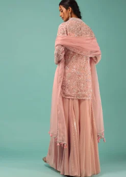 Petal Pink Sharara Suit With Cut Dana And Moti Detailed Jaal Design