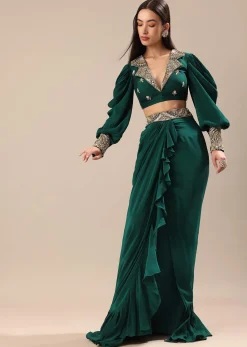 Pine Green Embroidered Blouse And Drape Skirt