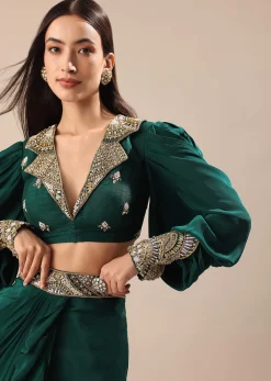 Pine Green Embroidered Blouse And Drape Skirt