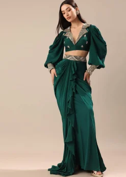 Pine Green Embroidered Blouse And Drape Skirt