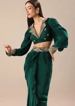 Pine Green Embroidered Blouse And Drape Skirt