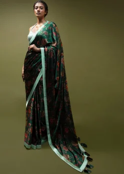 Pine Green Saree In Satin With Floral Print And Mint Sequins Blouse With Halter Neckline