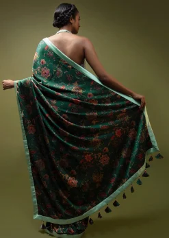 Pine Green Saree In Satin With Floral Print And Mint Sequins Blouse With Halter Neckline