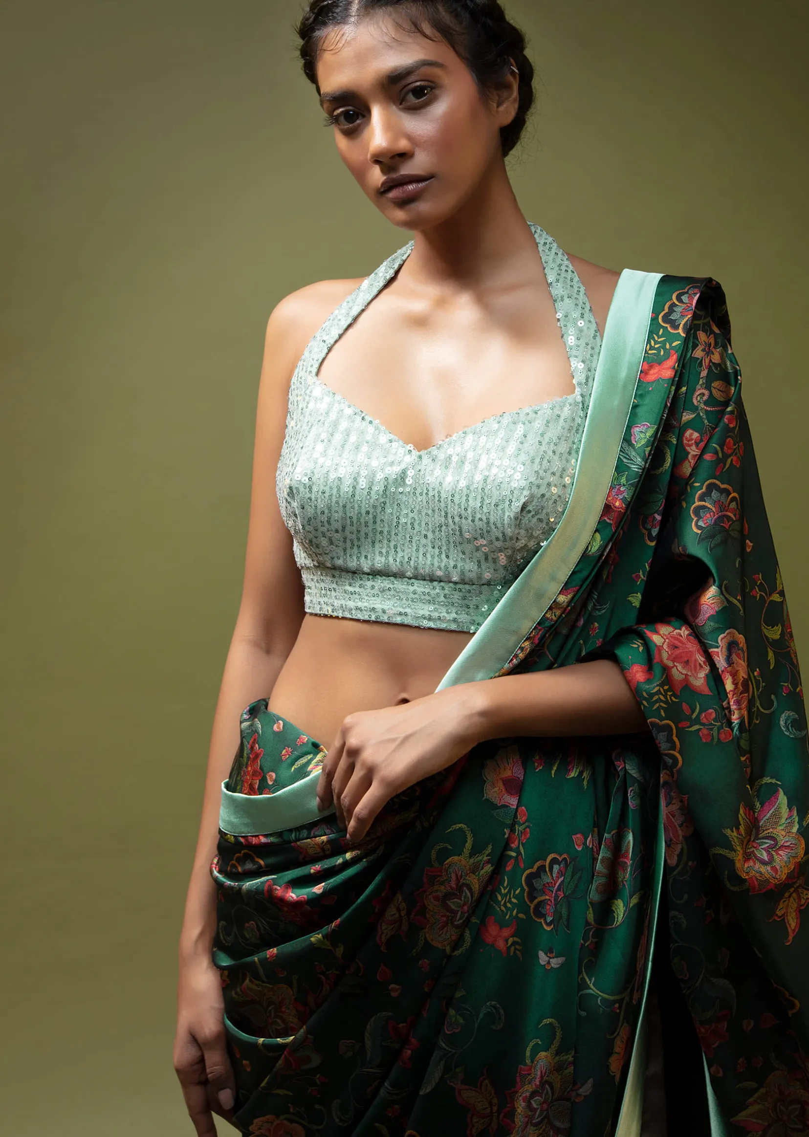 Pine Green Saree In Satin With Floral Print And Mint Sequins Blouse With Halter Neckline