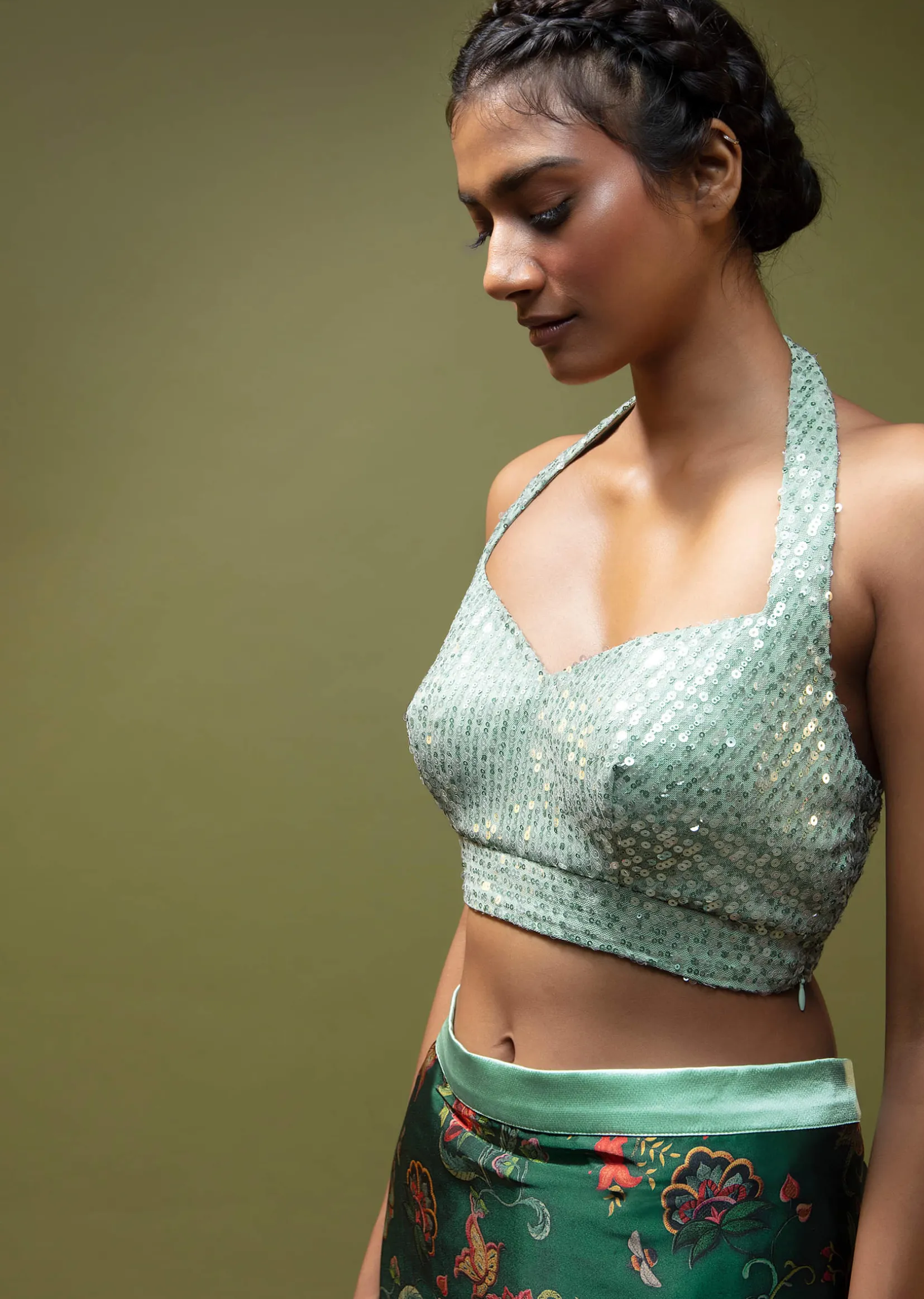 Pine Green Saree In Satin With Floral Print And Mint Sequins Blouse With Halter Neckline