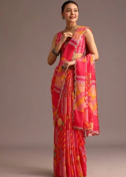 Pink Abstract Printed Muslin Saree