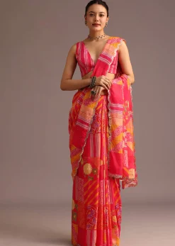 Pink Abstract Printed Muslin Saree