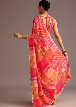 Pink Abstract Printed Muslin Saree