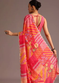 Pink Abstract Printed Muslin Saree
