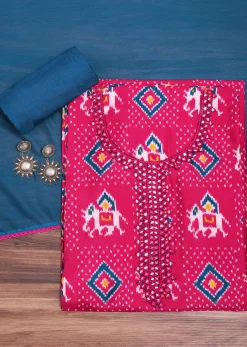Pink And Blue Patola Printed Tussar Dress Material