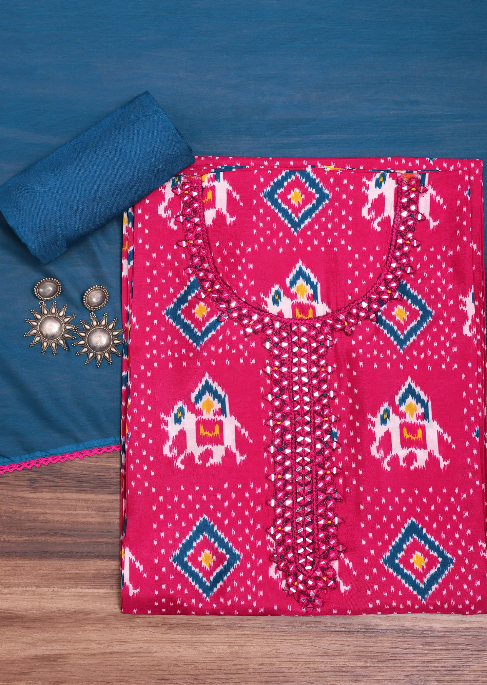 Pink And Blue Patola Printed Tussar Dress Material