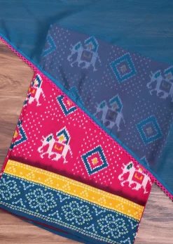 Pink And Blue Patola Printed Tussar Dress Material