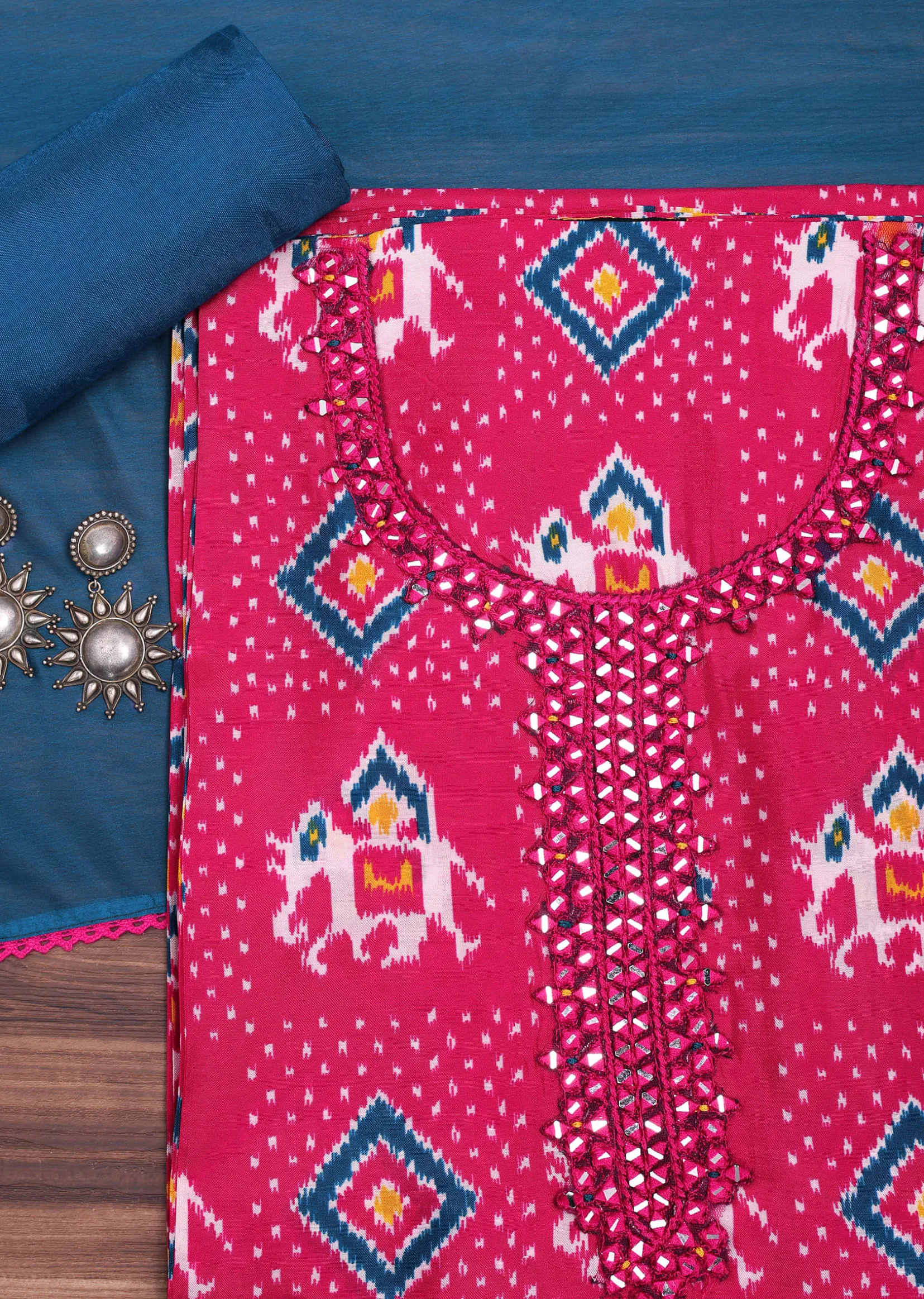 Pink And Blue Patola Printed Tussar Dress Material