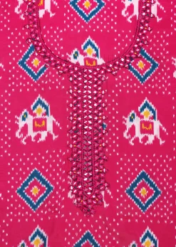 Pink And Blue Patola Printed Tussar Dress Material