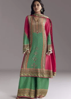 Pink And Green Printed Kurta Palazzo Set