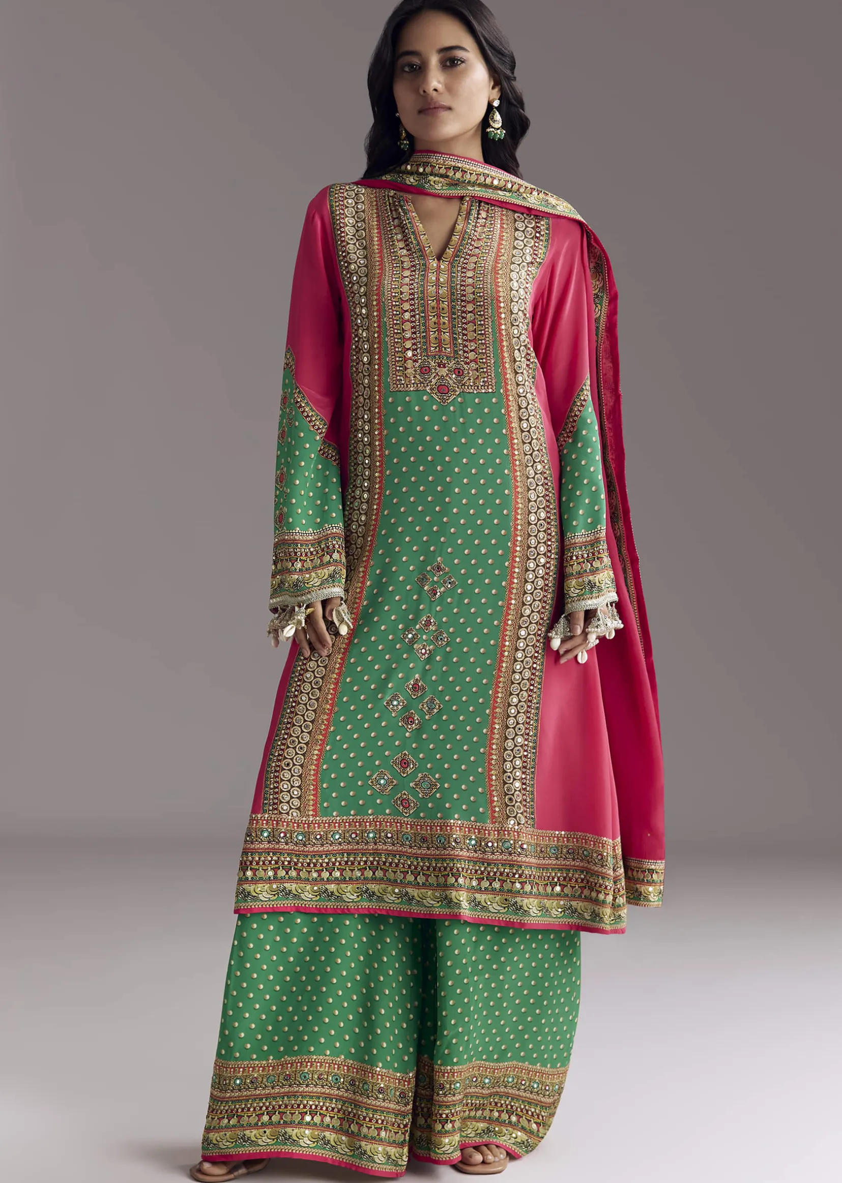 Pink And Green Printed Kurta Palazzo Set