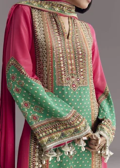 Pink And Green Printed Kurta Palazzo Set
