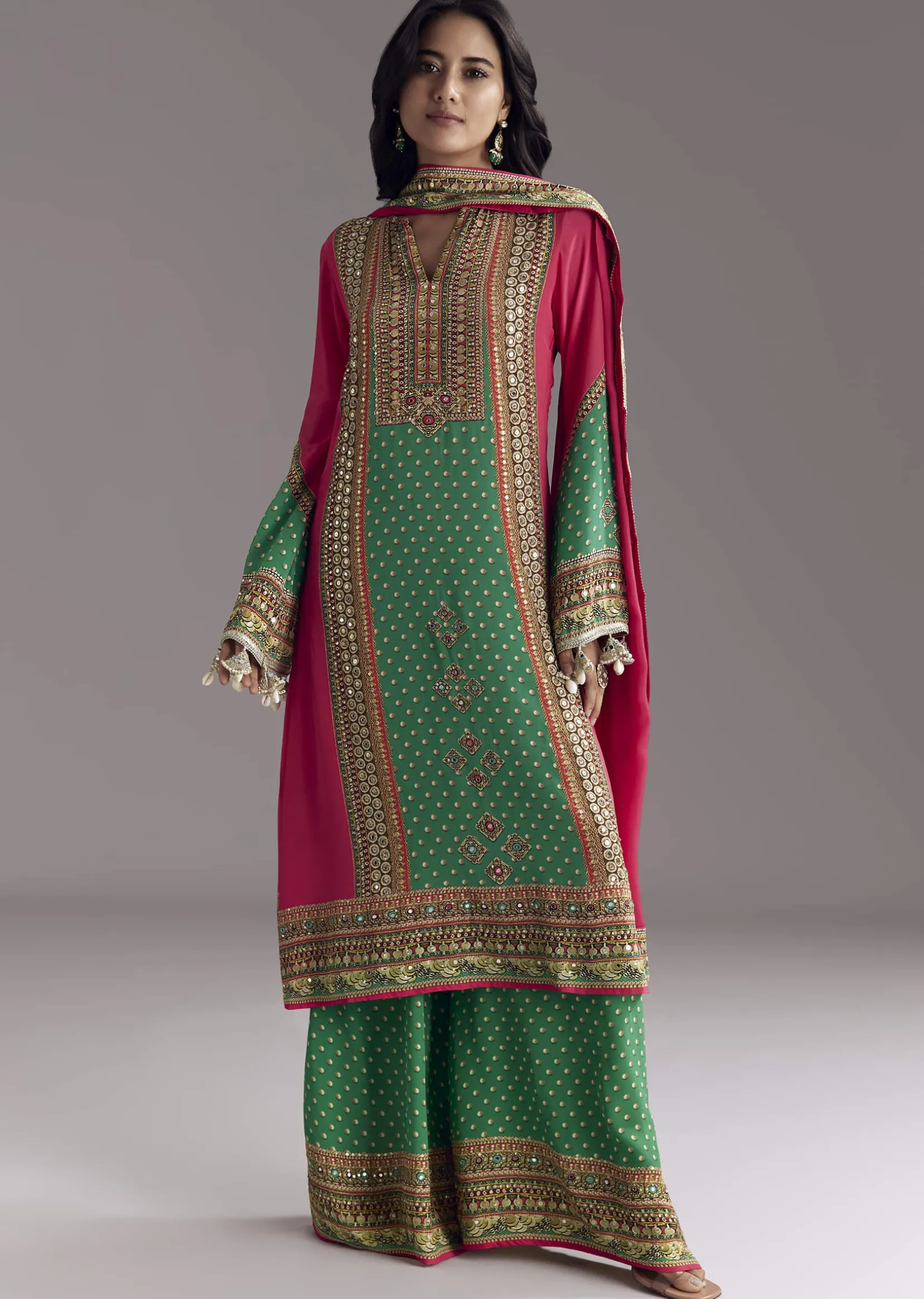 Pink And Green Printed Kurta Palazzo Set