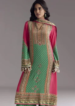 Pink And Green Printed Kurta Palazzo Set