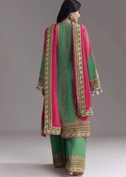 Pink And Green Printed Kurta Palazzo Set