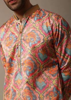 Pink And Green Printed Silk Kurta Set For Men