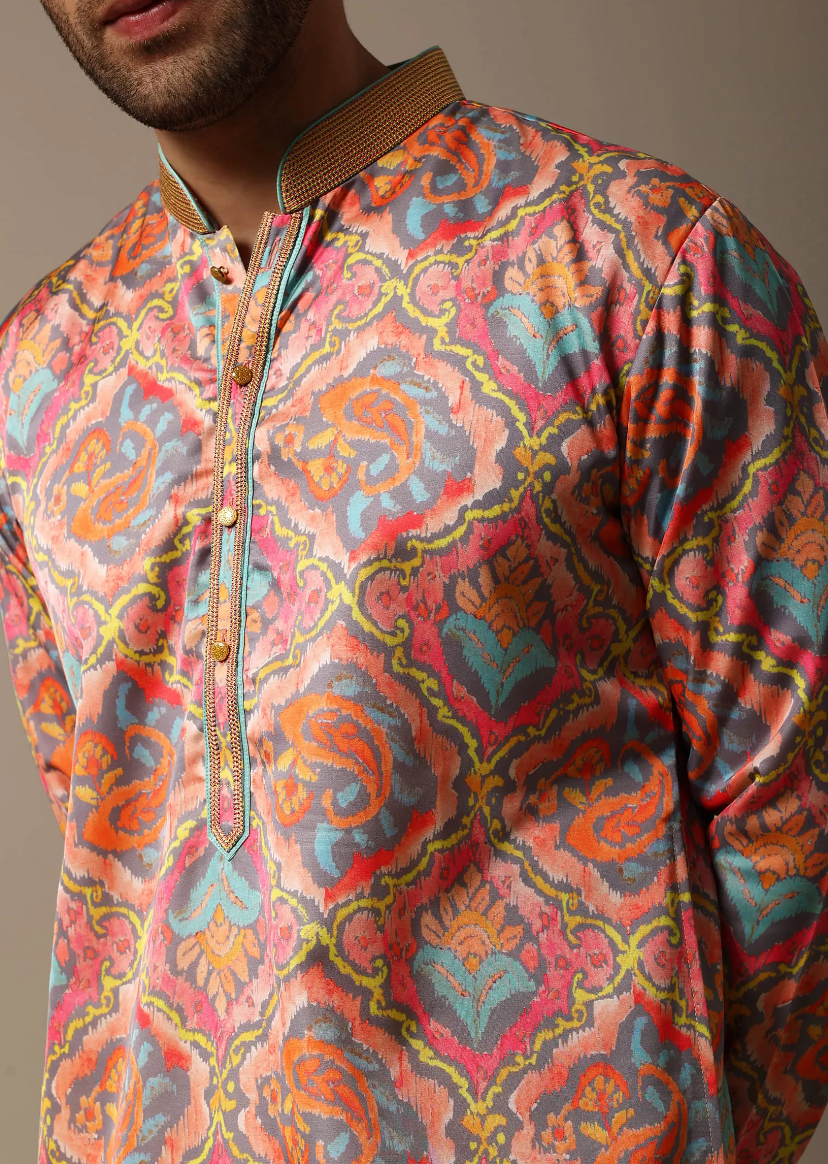 Pink And Green Printed Silk Kurta Set For Men