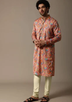 Pink And Green Printed Silk Kurta Set For Men