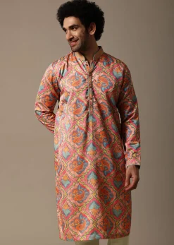 Pink And Green Printed Silk Kurta Set For Men