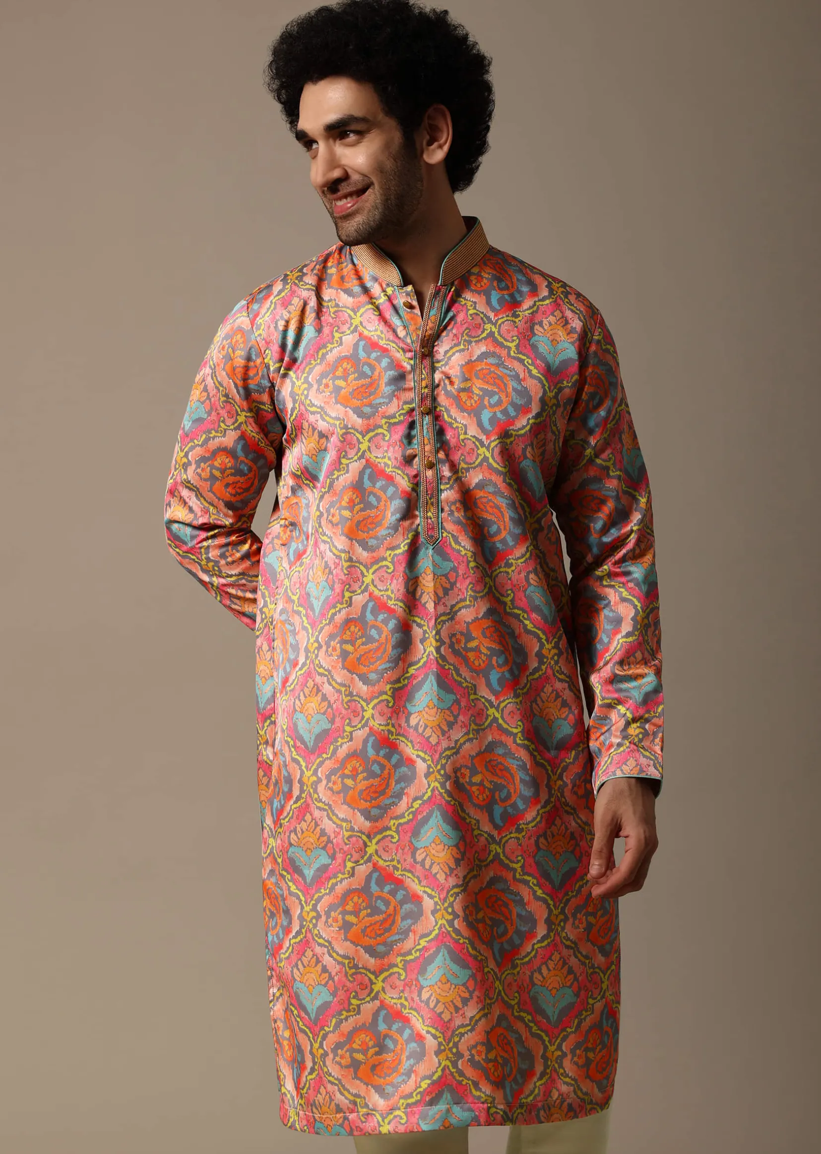 Pink And Green Printed Silk Kurta Set For Men