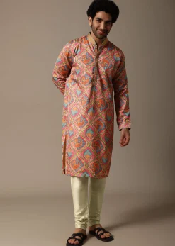 Pink And Green Printed Silk Kurta Set For Men