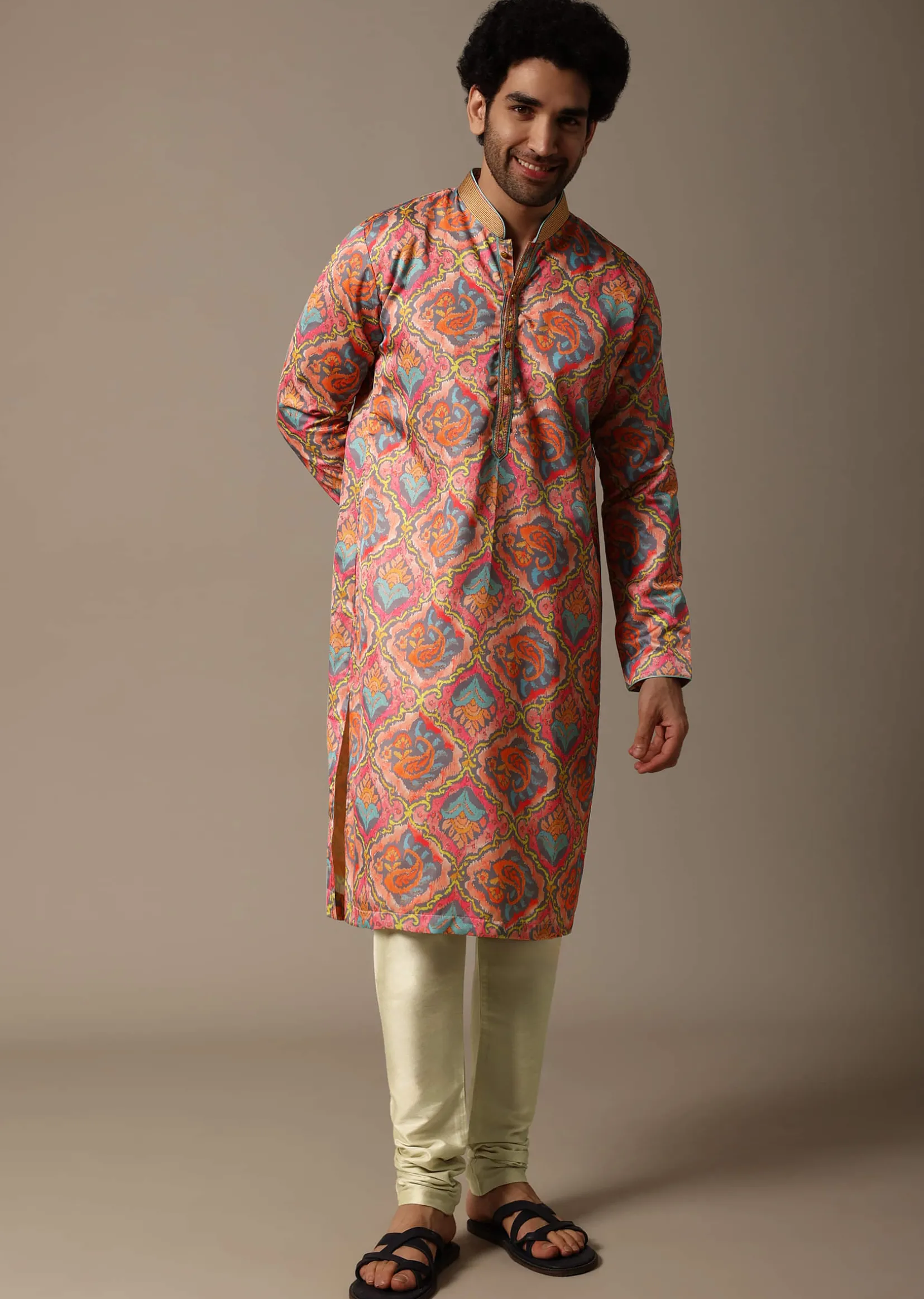 Pink And Green Printed Silk Kurta Set For Men