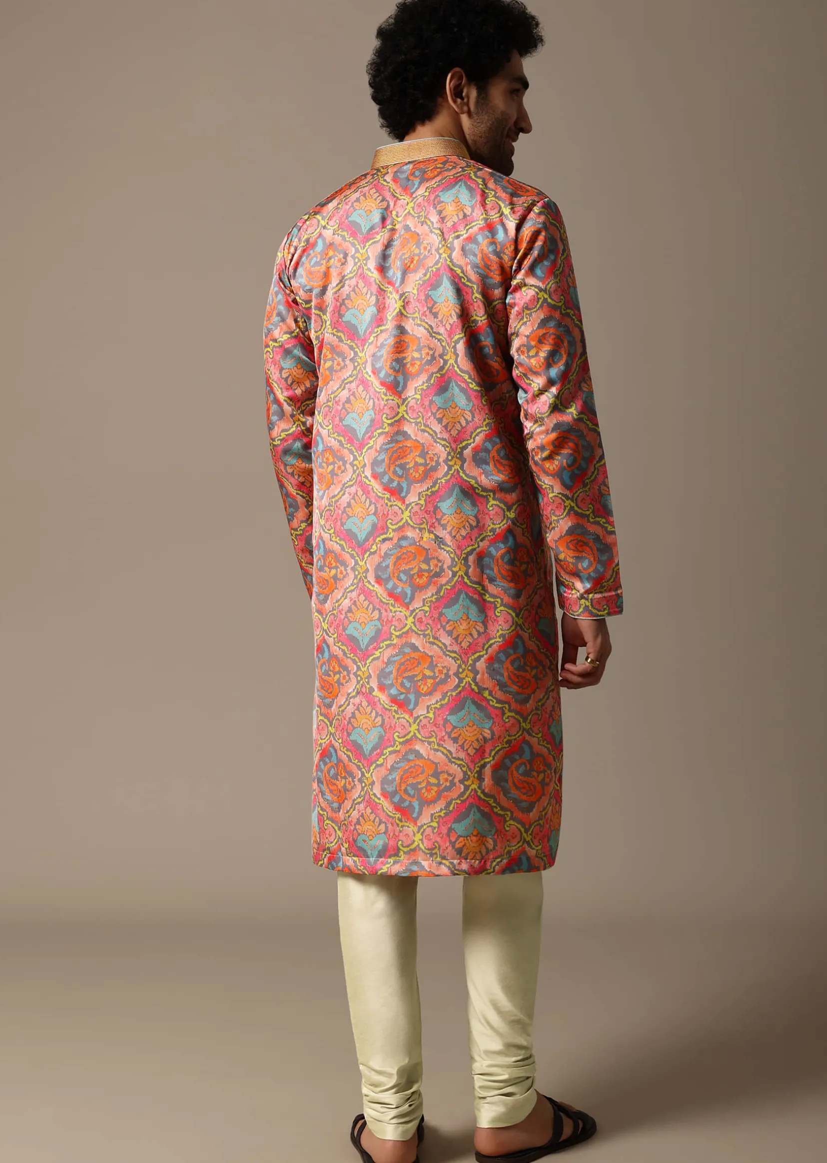 Pink And Green Printed Silk Kurta Set For Men