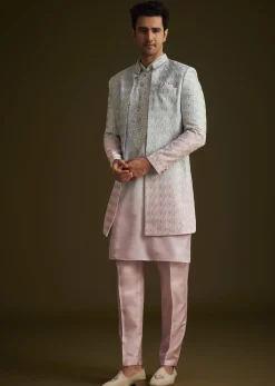 Pink and Grey Ombre Textured Sherwani Set