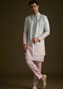 Pink and Grey Ombre Textured Sherwani Set