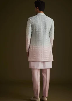 Pink and Grey Ombre Textured Sherwani Set