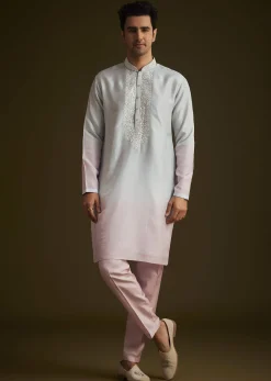 Pink and Grey Ombre Textured Sherwani Set