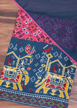 Pink And Navy Blue Patola Printed Tussar Dress Material