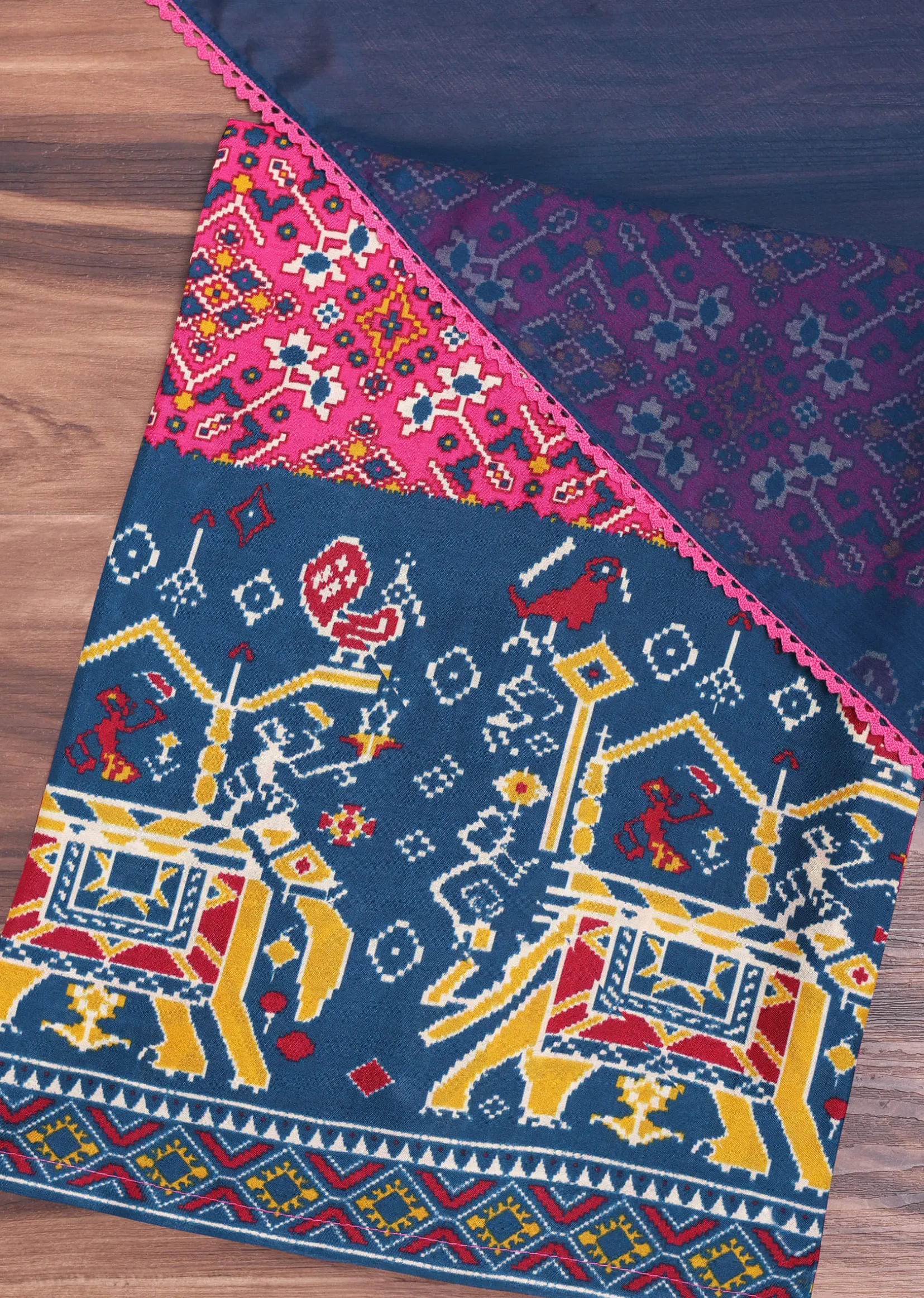 Pink And Navy Blue Patola Printed Tussar Dress Material