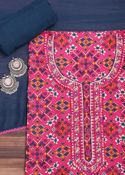 Pink And Navy Blue Patola Printed Tussar Dress Material