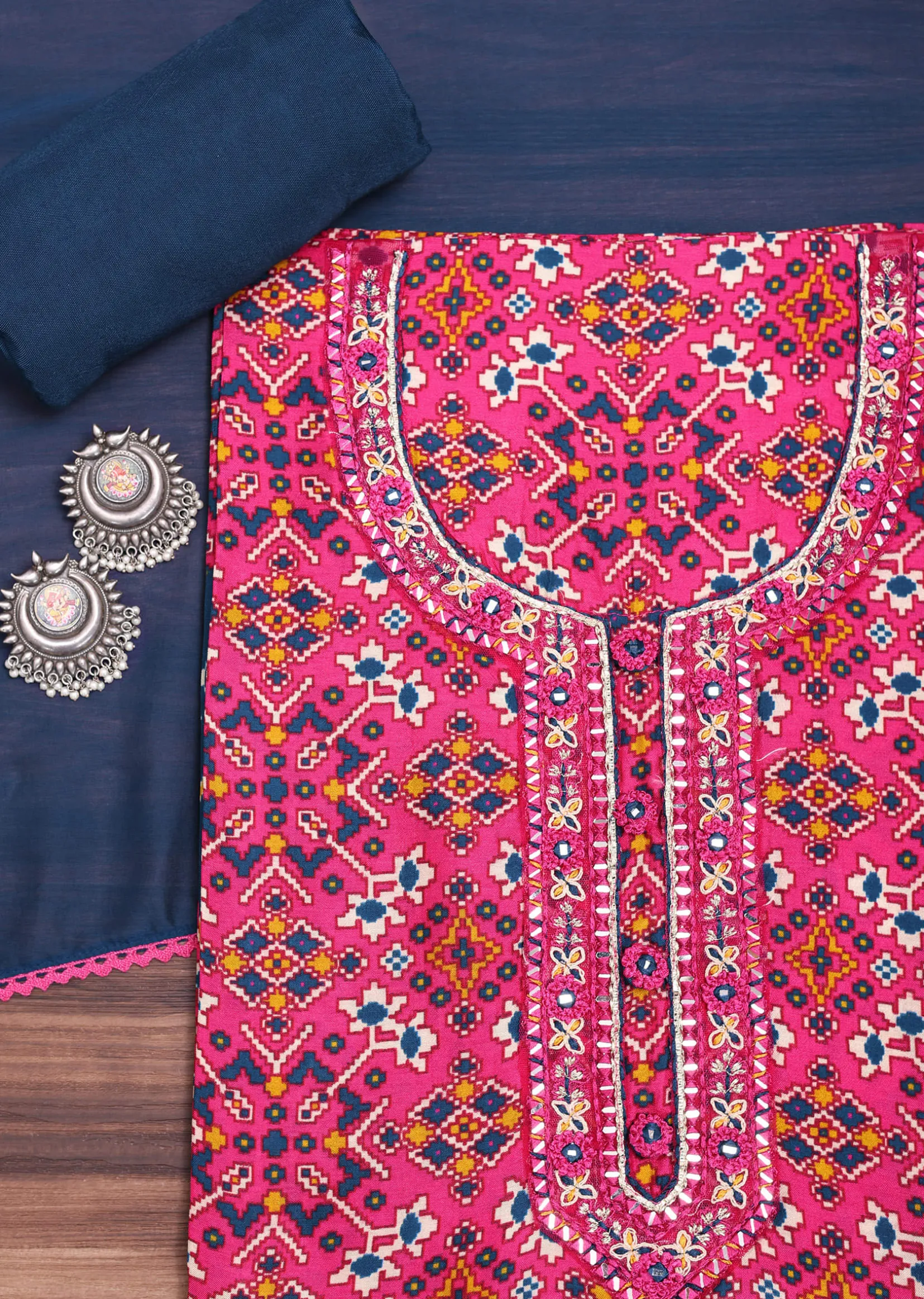 Pink And Navy Blue Patola Printed Tussar Dress Material