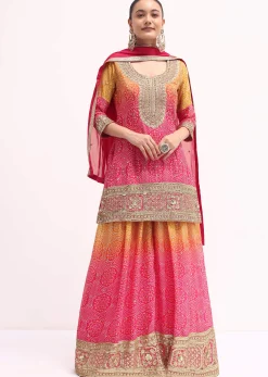 Pink And Orange Embroidered Kurta Palazzo Set