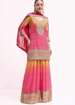 Pink And Orange Embroidered Kurta Palazzo Set