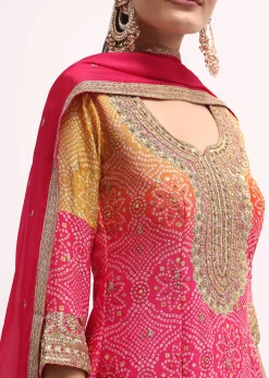 Pink And Orange Embroidered Kurta Palazzo Set