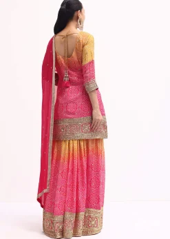 Pink And Orange Embroidered Kurta Palazzo Set