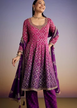 Pink And Purple Ombre Bandhani Anarkali Suit With Zardosi Neckline