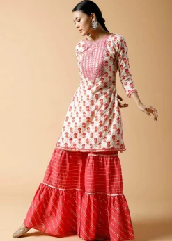 Pink And White Sharara Suit With Printed Floral Buttis And Detailed Using Zari And Gotta Lace