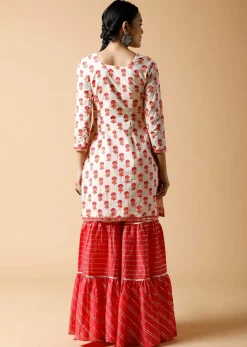 Pink And White Sharara Suit With Printed Floral Buttis And Detailed Using Zari And Gotta Lace