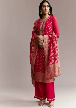 Pink Banarasi Kurta Set with Mirror Work