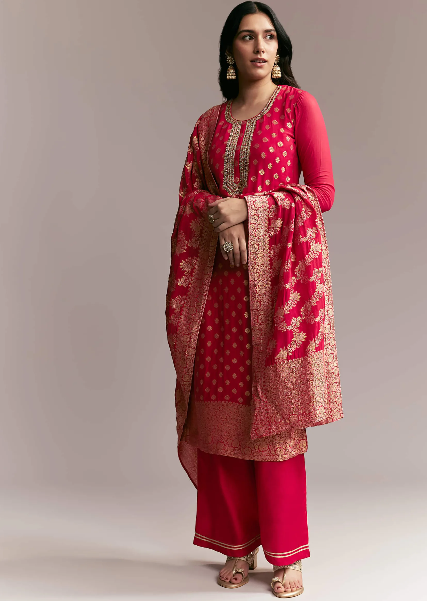 Pink Banarasi Kurta Set with Mirror Work