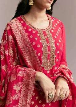 Pink Banarasi Kurta Set with Mirror Work